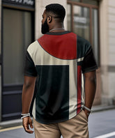 Men's Plus Size Black And Red Geometric Print Henry Collar Button Short Sleeve T-shirt